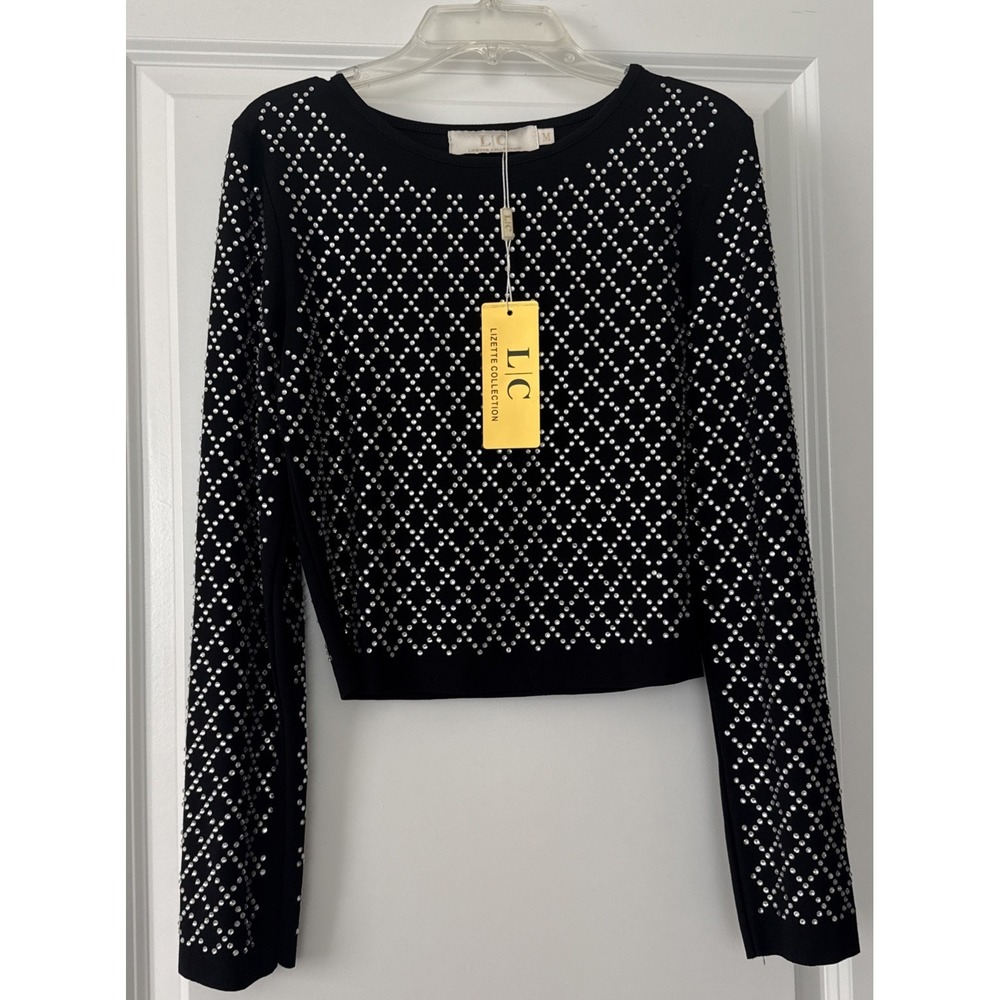 Lizette Collection All Over Rhinestone Embellishment Party Pullover Blouse MED